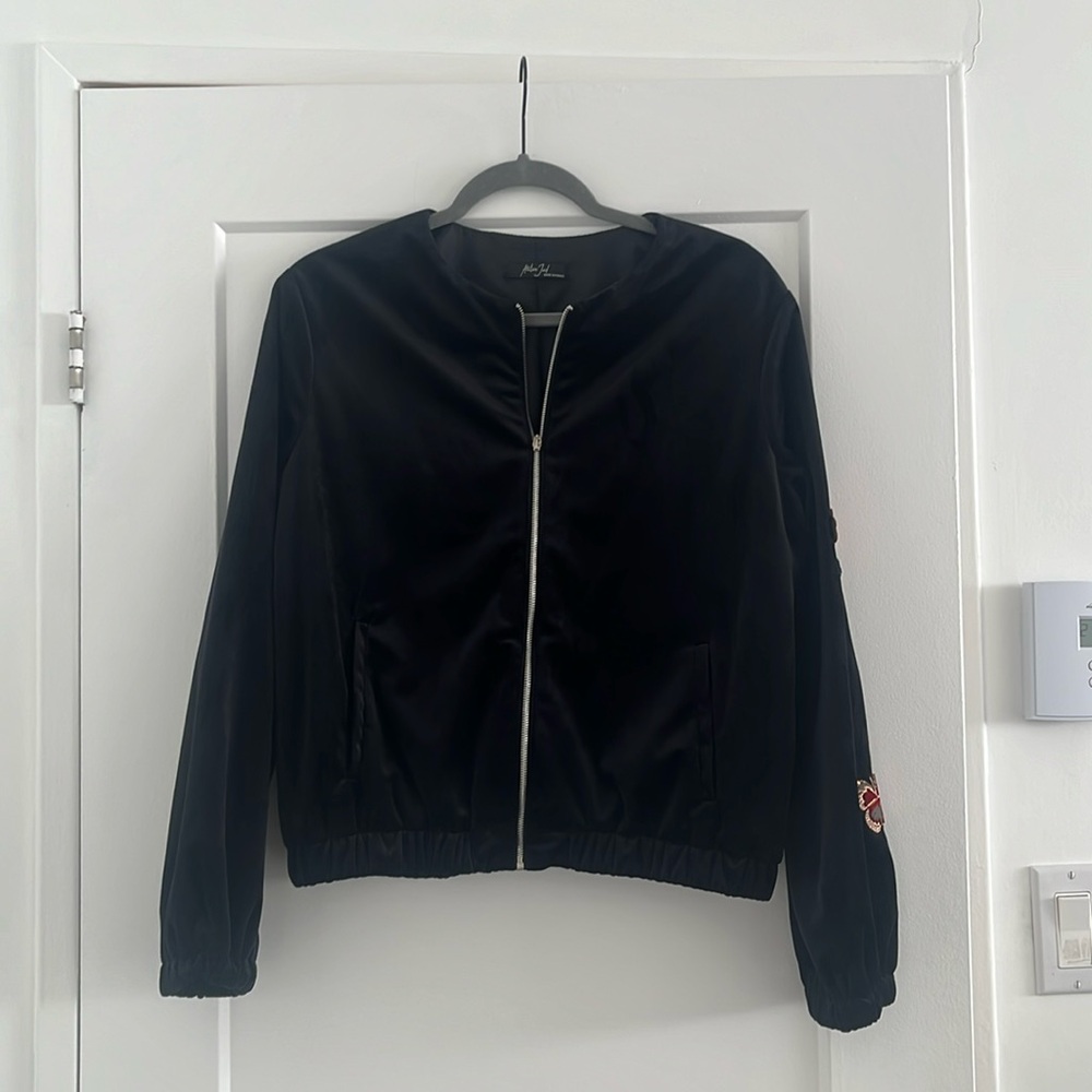 VELVET BOMBER WITH APPLIQUES